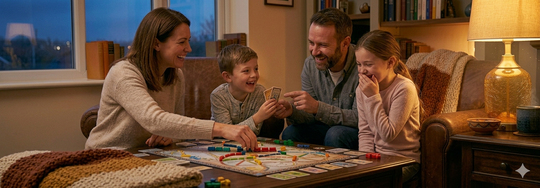 Family playing a tabletop game together at home in the evening