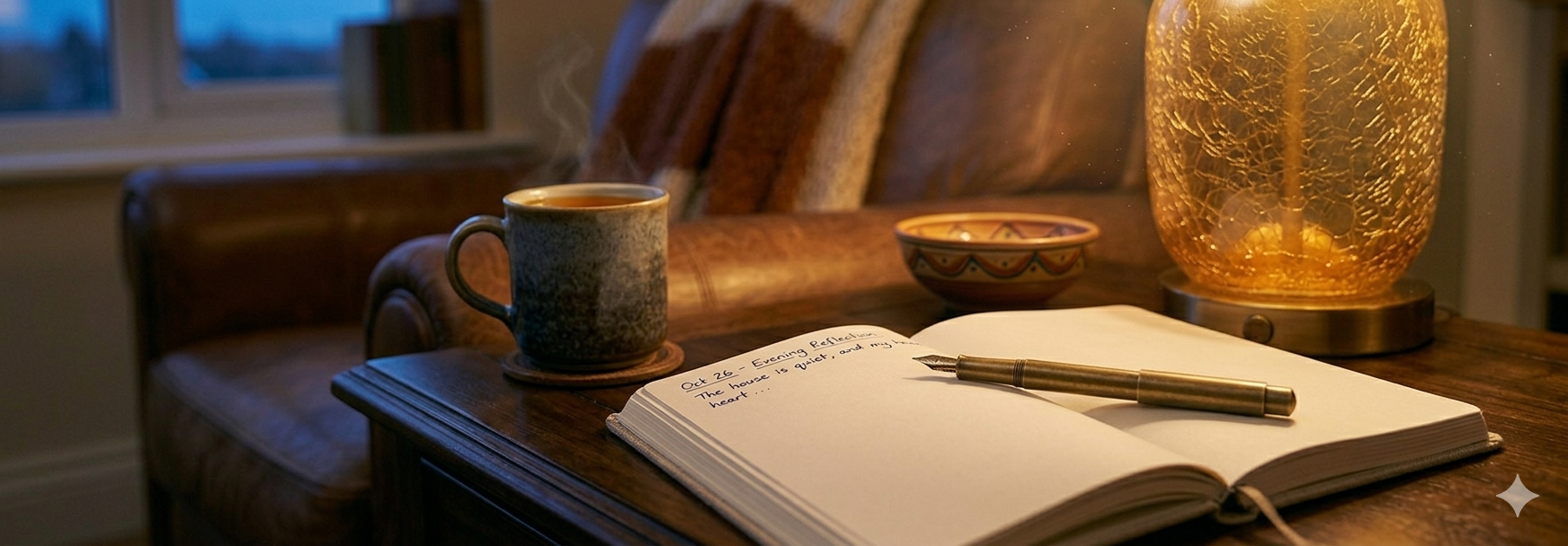 Open journal and pen on a wooden table beside a cup of tea in the evening