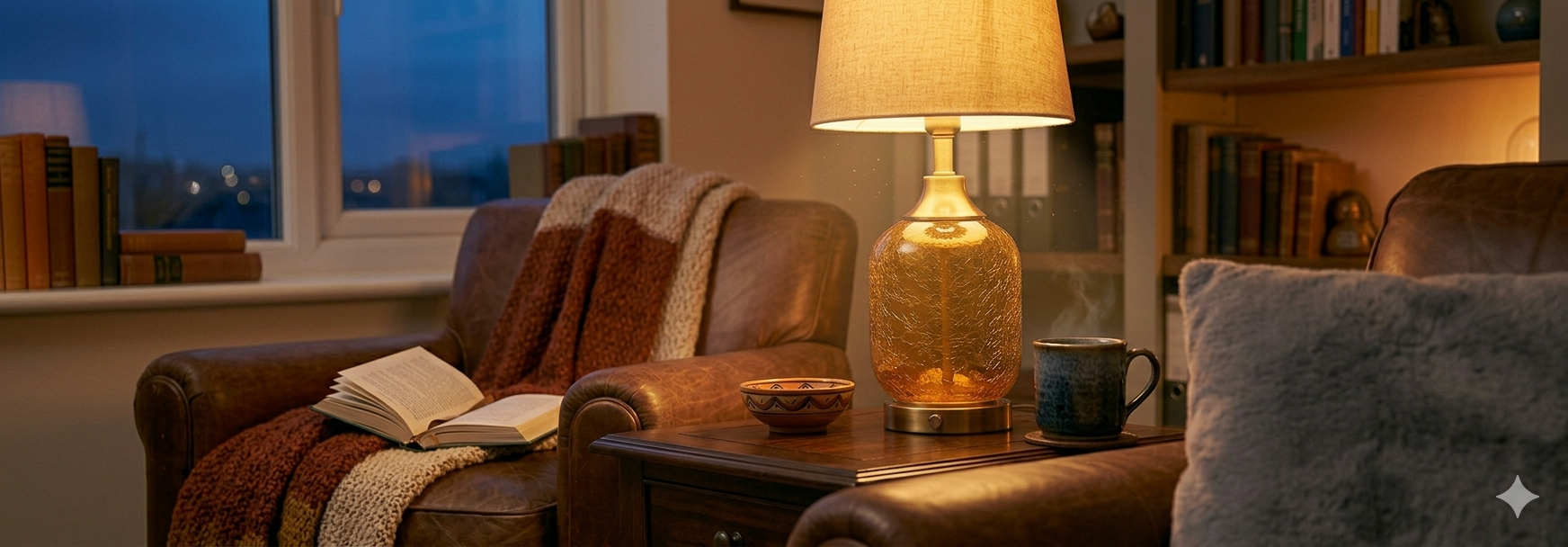 Cozy reading chair with a blanket and an open book in soft evening light