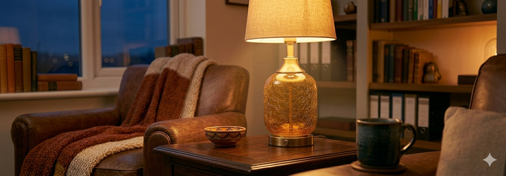 Warm dimmable lamp glowing softly in a cozy living room at evening